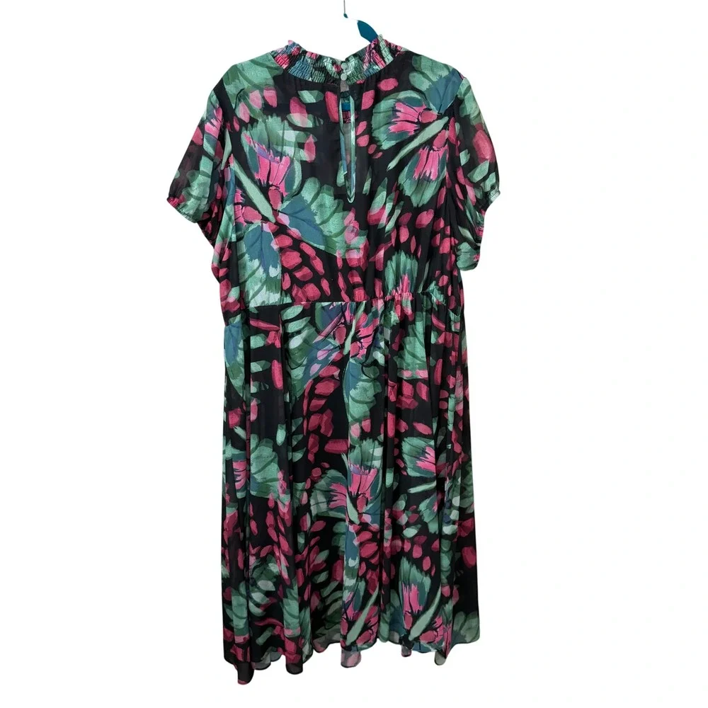 Torrid Womens Plus‎ Size 3 Tropical Floral Chiffon Smocked Midi Dress Black Pink